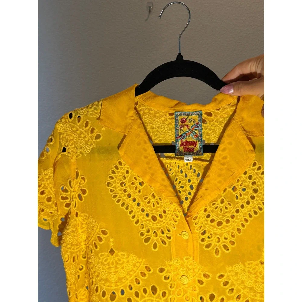 Johnny Was Womens Eyelet Embroidered Button Down Shirt‎ Yellow Small